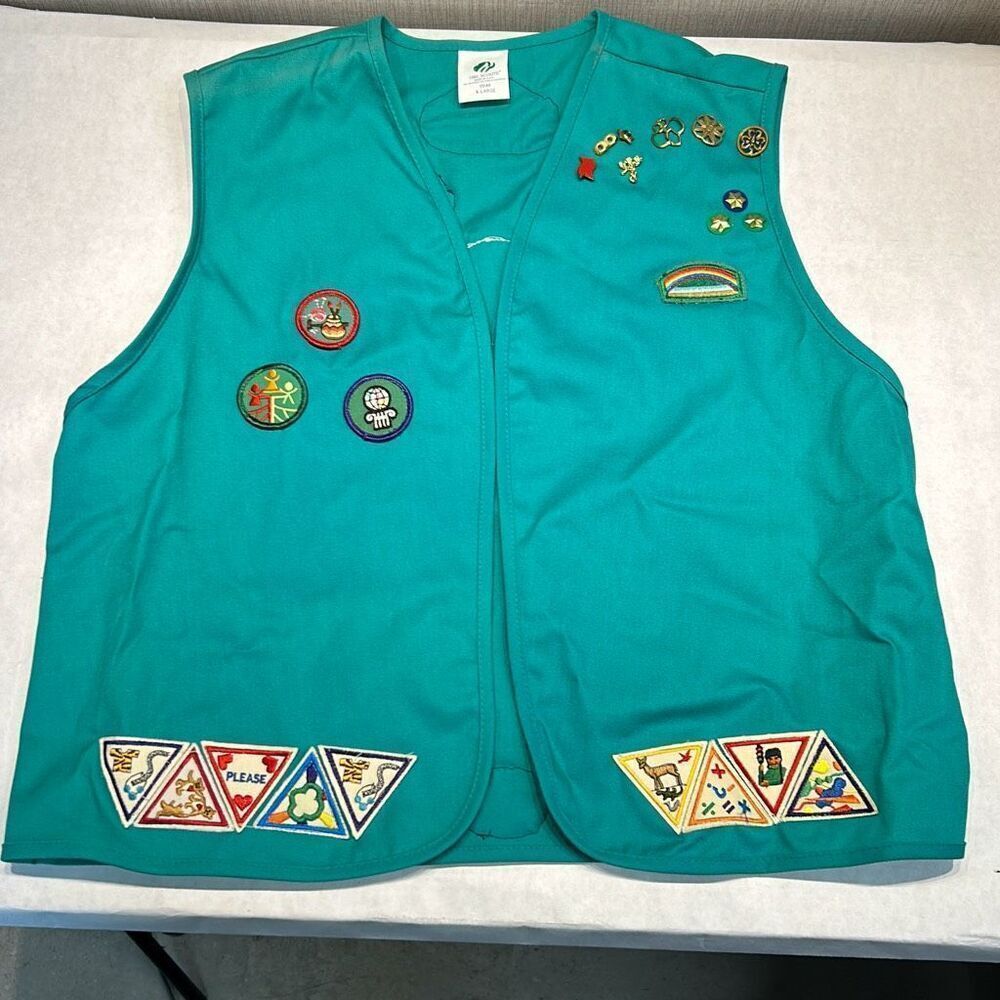 Vtg Girl Scouts Vest BADGES PINS Girls Sz XL Green Uniform 90s 1998 1999 Cookie